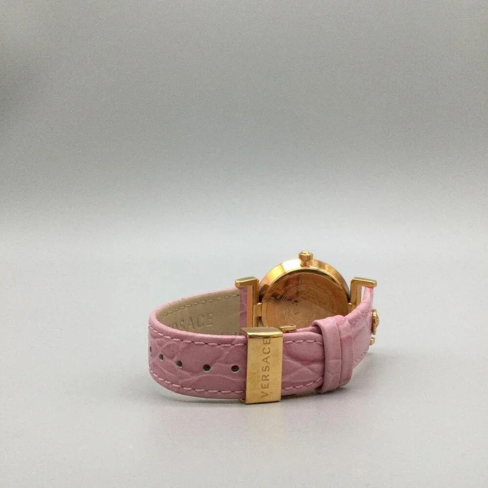 Versace Womens Watch 35mm Pink Dial Gold Tone Leather Swiss Medusa New Battery